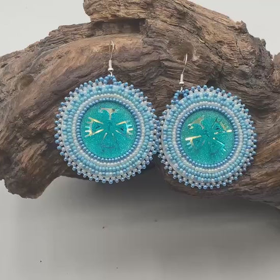 Blue Shimmering Hand Beaded Earrings- Anishinaabe/Ojibwe Beadwork
