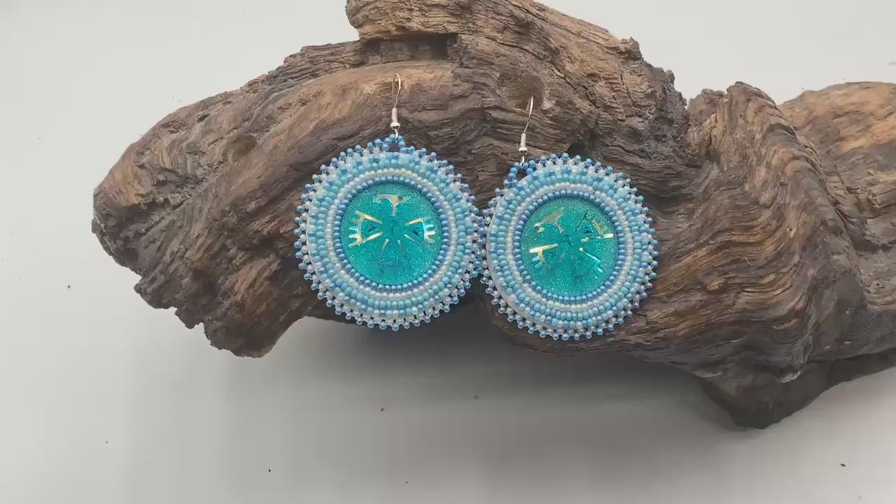 Blue Shimmering Hand Beaded Earrings- Anishinaabe/Ojibwe Beadwork