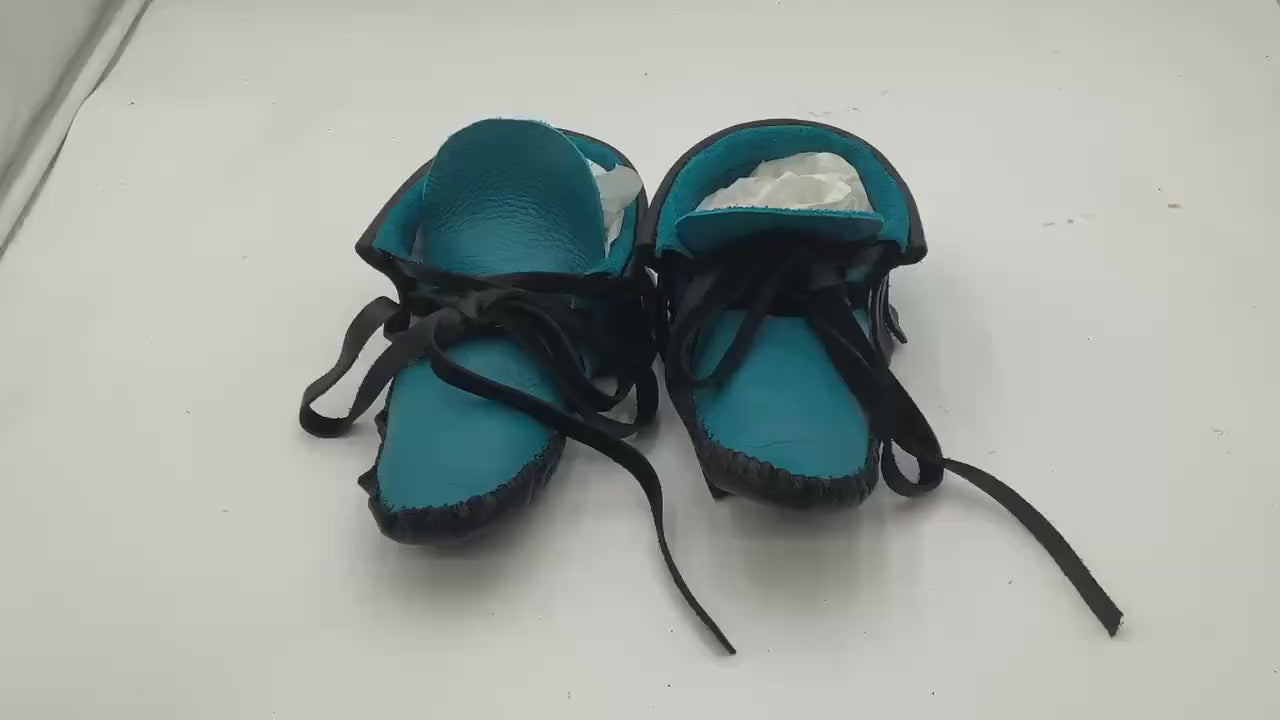 Handmade Black and Blue Leather Moccasins – Anishinaabe/Ojibwe Artisan.