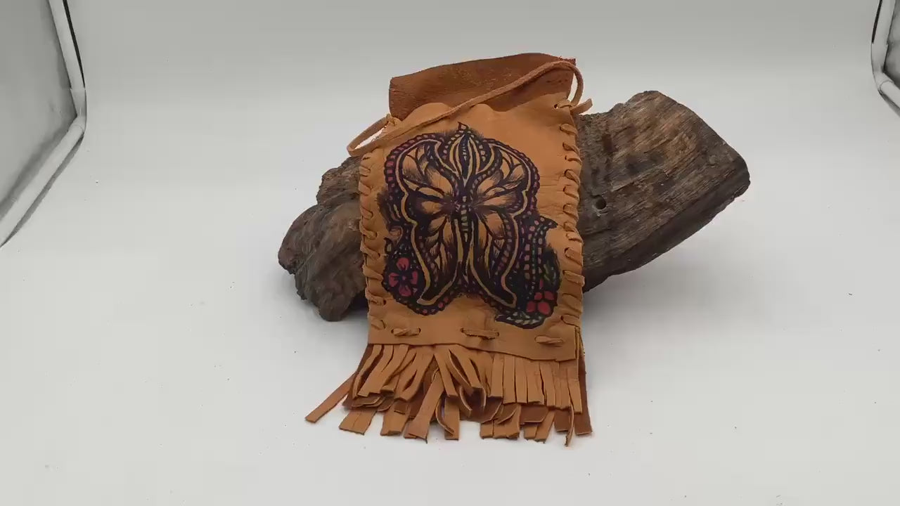 Hand Made Painted Leather Bag - Authentic Anishinaabe/Ojibwe Made - Free Shipping