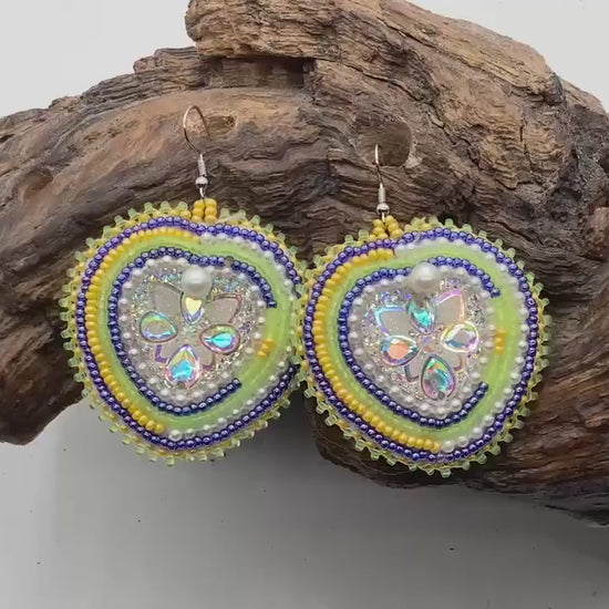 Shimmering Hand Beaded Heart Earrings- Anishinaabe/ Ojibwe Made