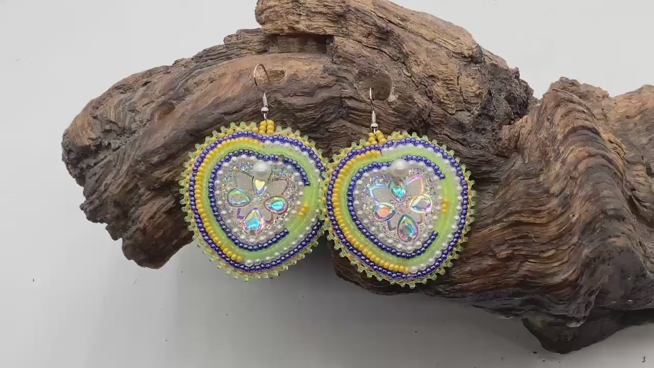 Shimmering Hand Beaded Heart Earrings- Anishinaabe/ Ojibwe Made