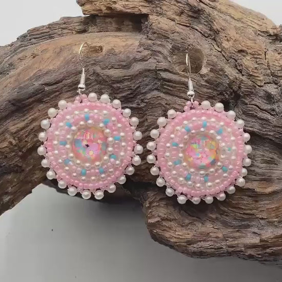 Hand Beaded Pink and Pearl Bead Earrings: Anishinaabe/Ojibwe Beadwork