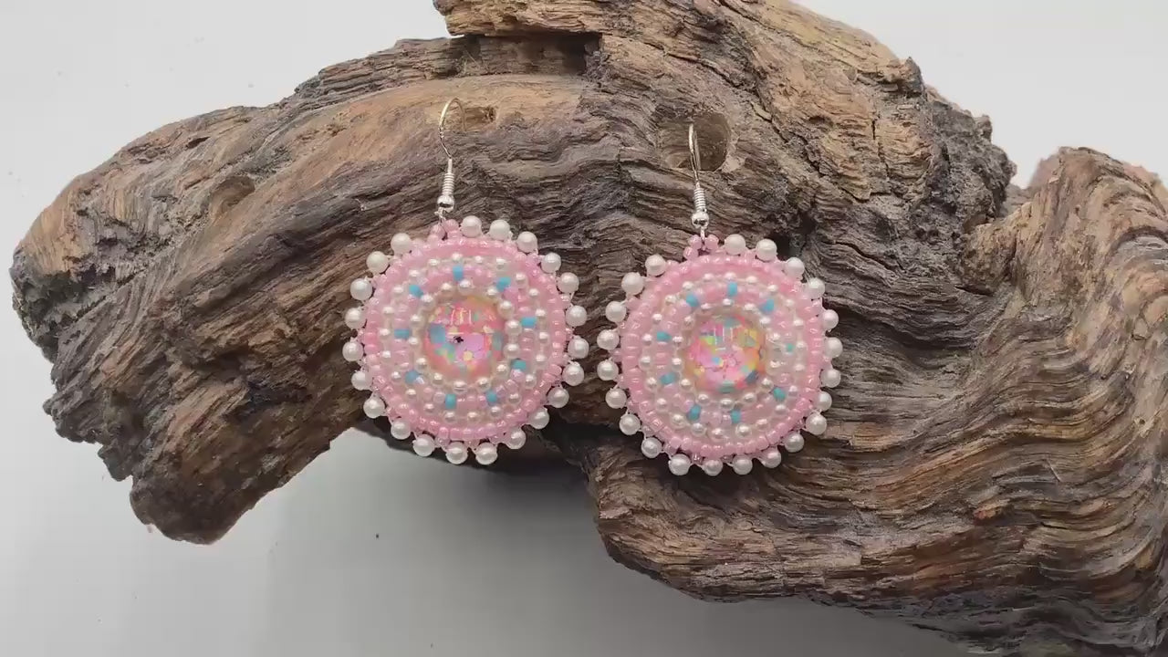 Hand Beaded Pink and Pearl Bead Earrings: Anishinaabe/Ojibwe Beadwork
