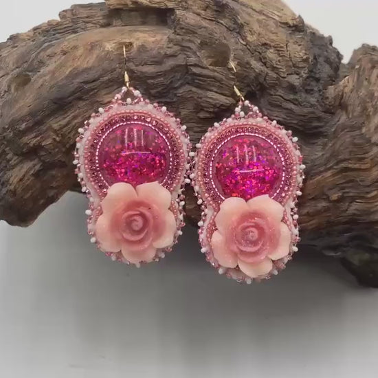 Hand Beaded Double-Centered Flower Earrings: Anishinaabe/Ojibwe Beadwork