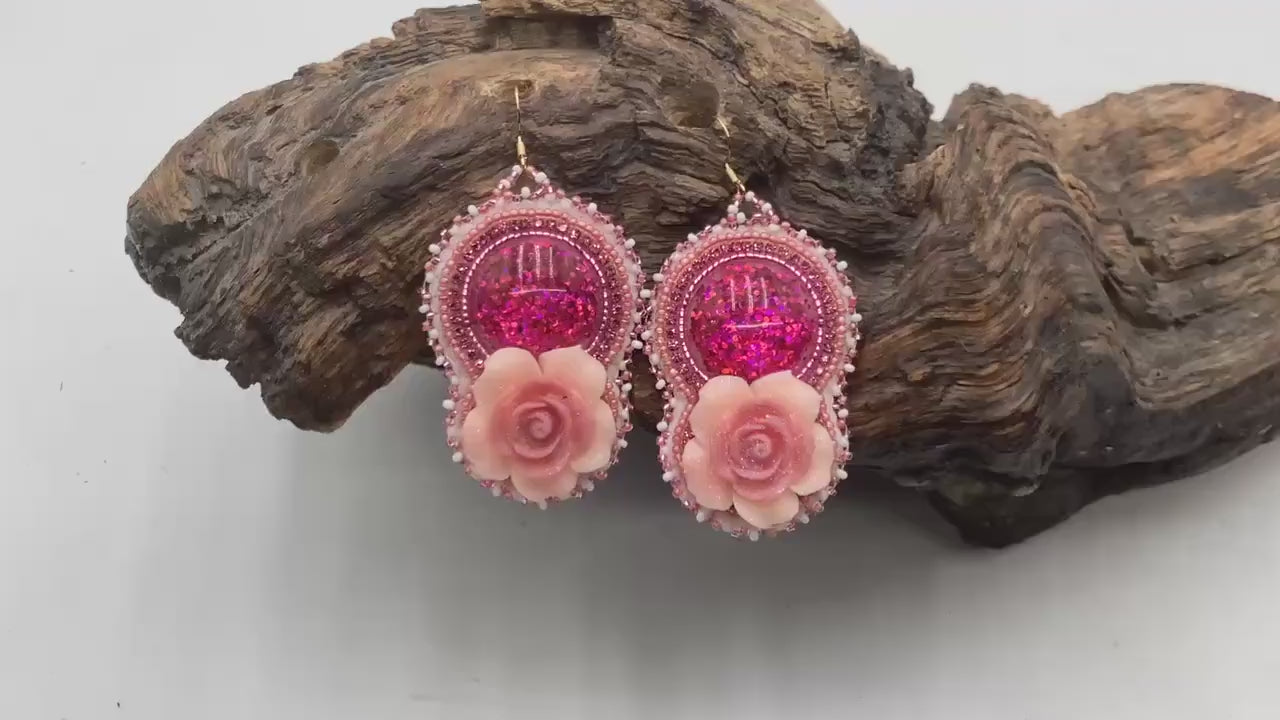 Hand Beaded Double-Centered Flower Earrings: Anishinaabe/Ojibwe Beadwork