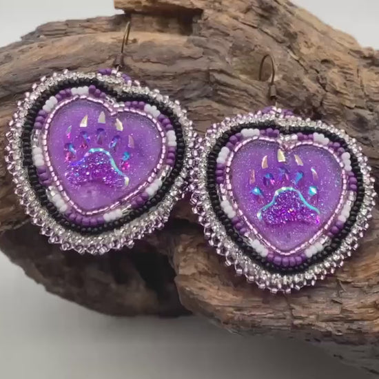 Iridescent Bear Claw Heart Shaped Beaded Earrings – Authentic Anishinaabe/Ojibwe Beadwork