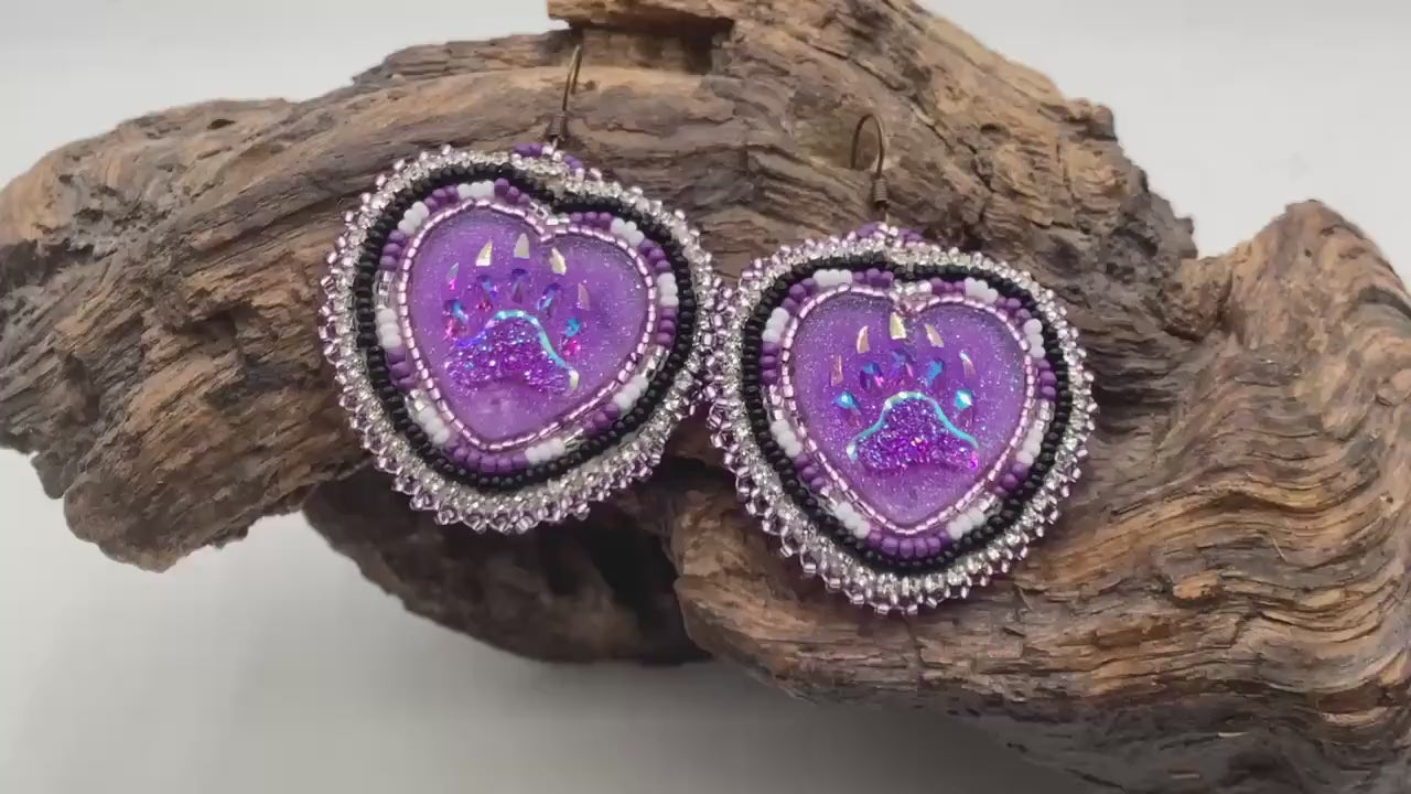 Iridescent Bear Claw Heart Shaped Beaded Earrings – Authentic Anishinaabe/Ojibwe Beadwork