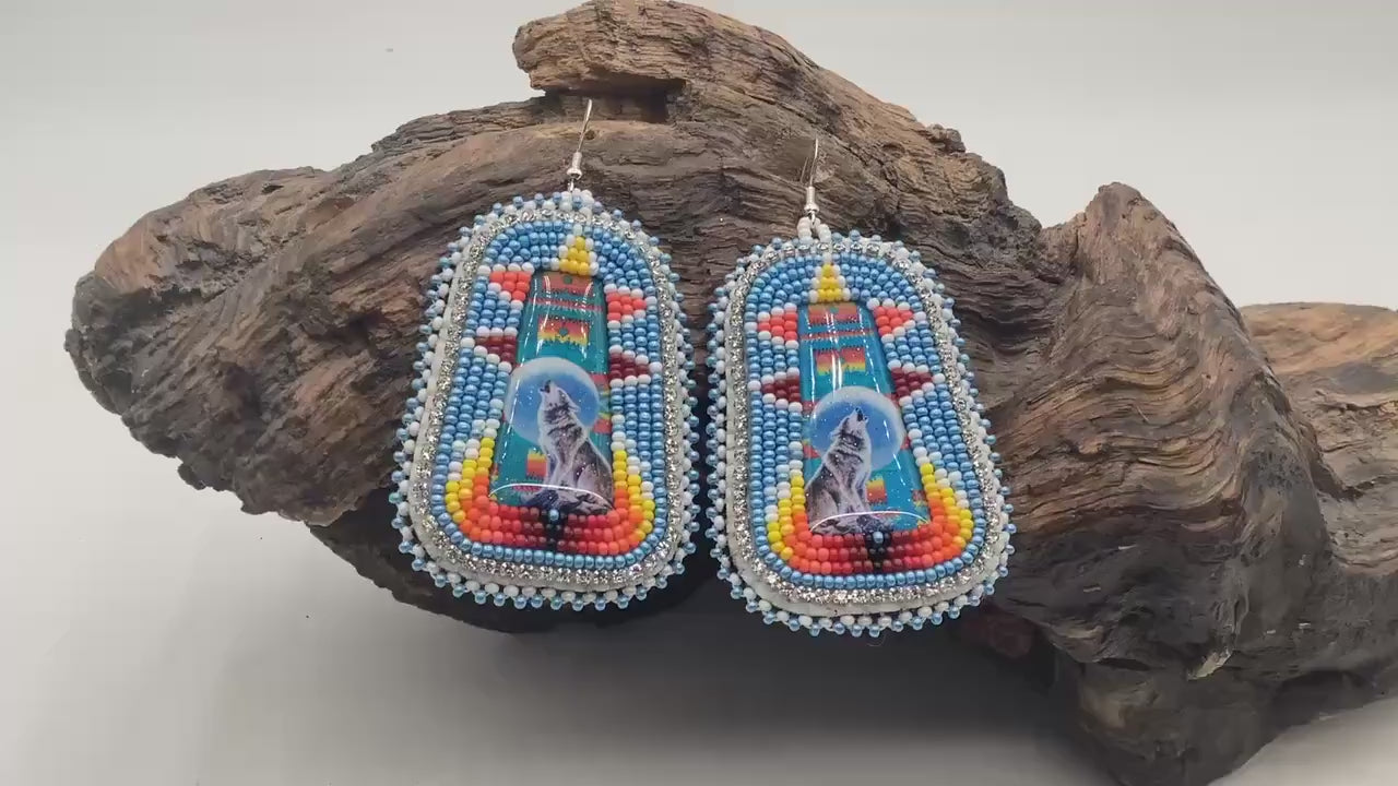 Spirit Wolf Earrings - Authentic Anishinaabe/Ojibwe Beadwork