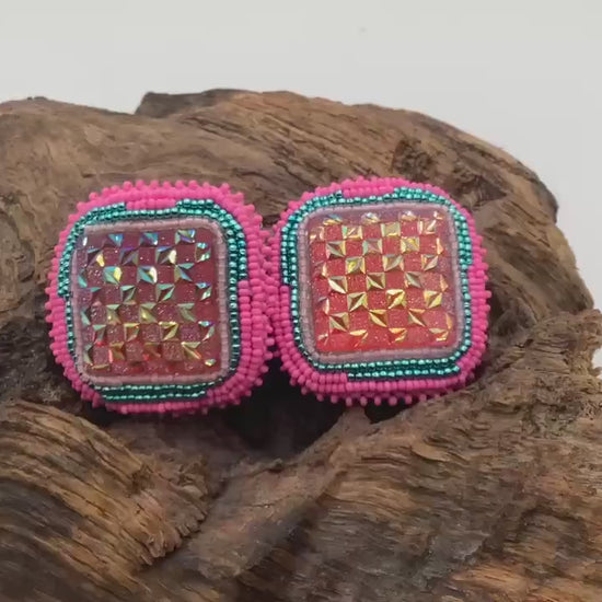 Hand Beaded Pink Square Earrings - Anishinaabe/Ojibwe Beadwork