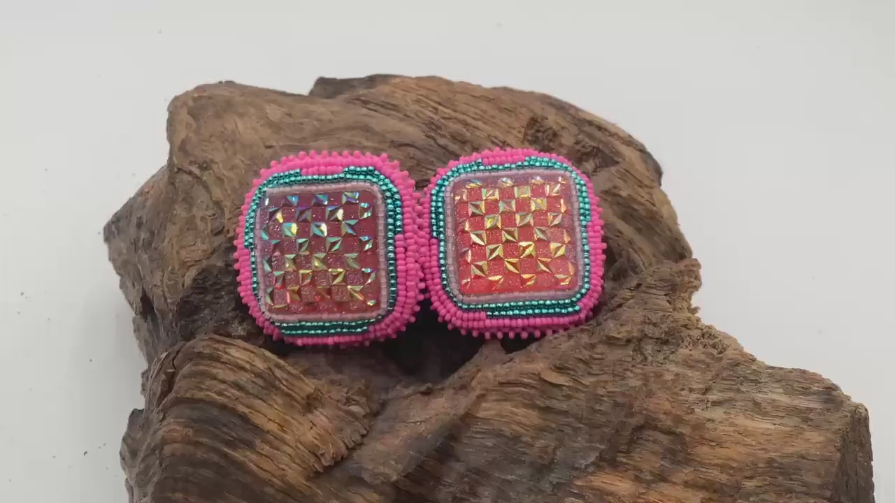 Hand Beaded Pink Square Earrings - Anishinaabe/Ojibwe Beadwork