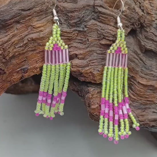Beaded Fringe Earrings: Anishinaabe Ojibwe Made - 3-inch