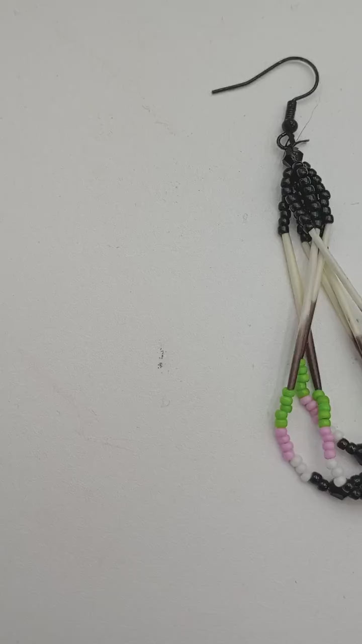 Handcrafted Porcupine Quill Earrings: Beaded Dangle, Anishinaabe/Ojibwe Made
