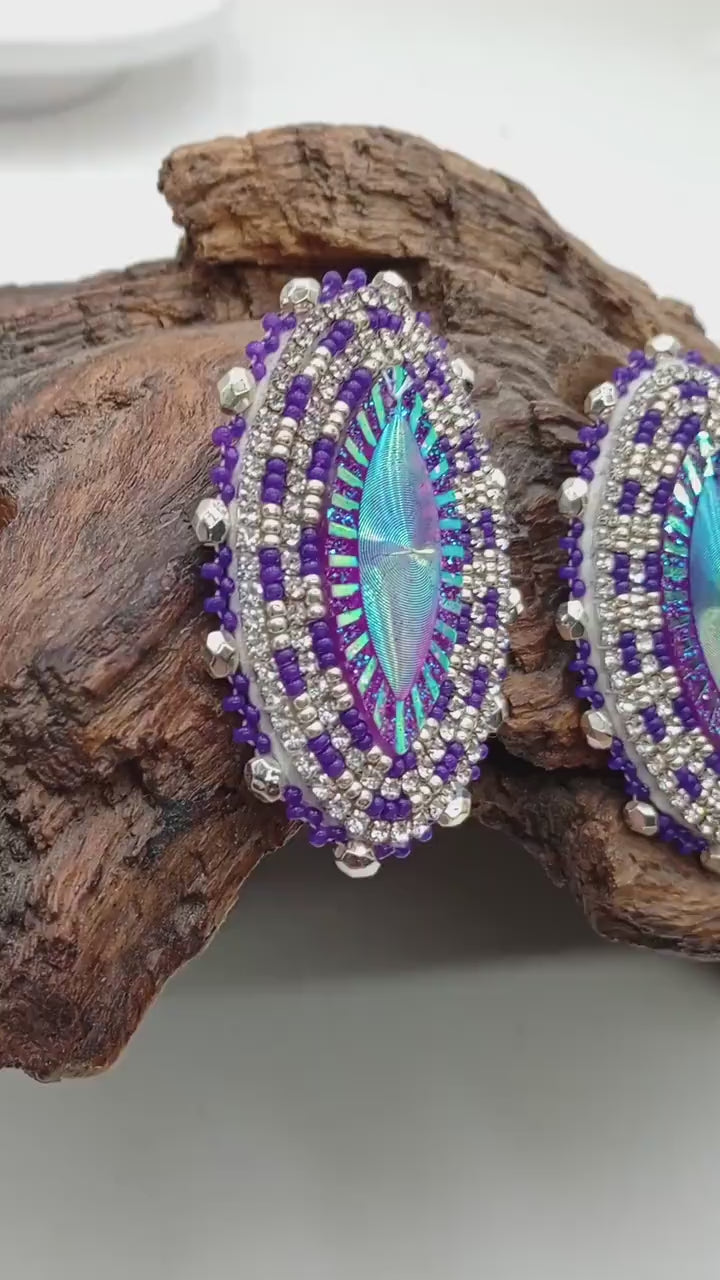 Handmade Beaded Oval Earrings: Ojibwe Style, Iridescent Resin