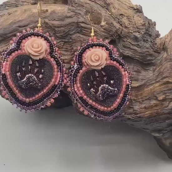 Double Center Bear Claw Heart Hand Beaded Earrings - Authentic Anishinaabe/Ojibwe Beadwork - Free Shipping