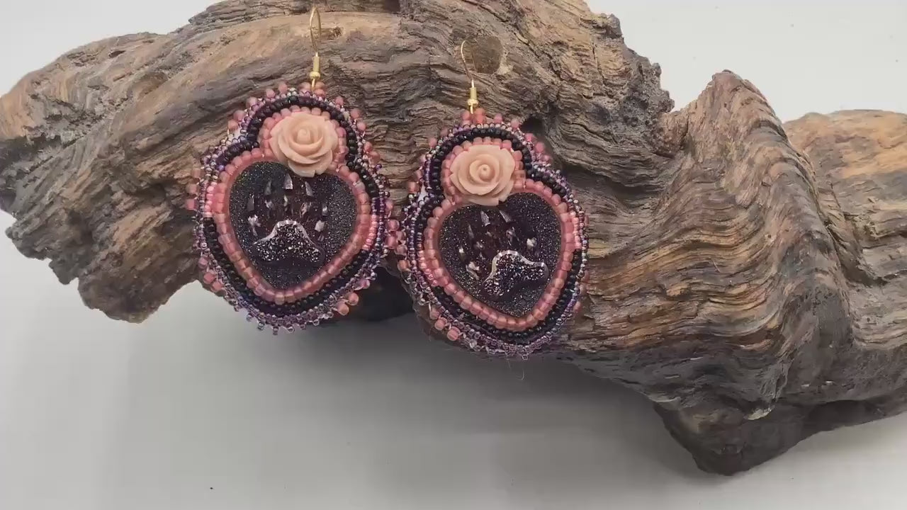 Double Center Bear Claw Heart Hand Beaded Earrings - Authentic Anishinaabe/Ojibwe Beadwork - Free Shipping