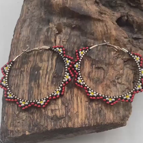 Hand Beaded Metal Hoop Earrings - Anishinaabe/Ojibwe Beadwork