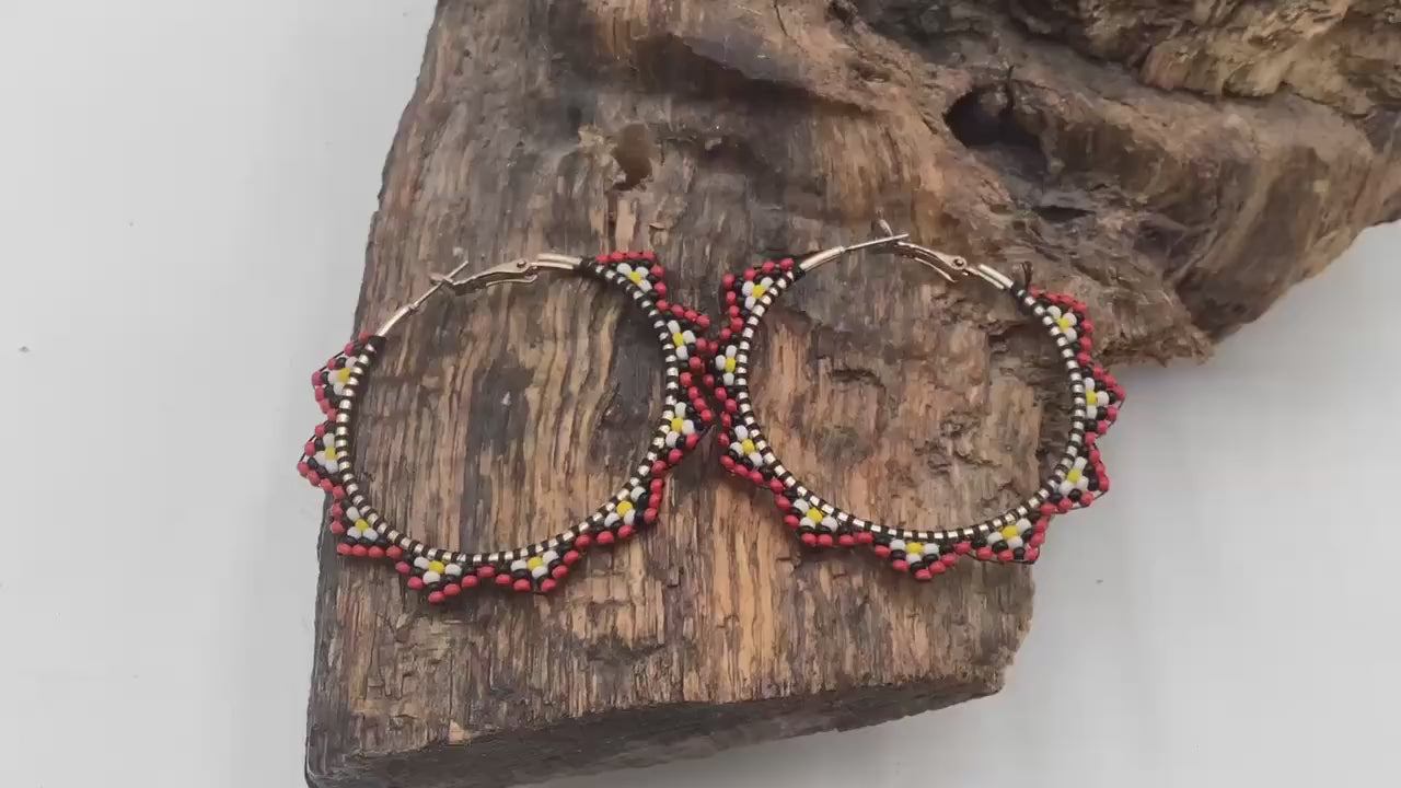 Hand Beaded Metal Hoop Earrings - Anishinaabe/Ojibwe Beadwork