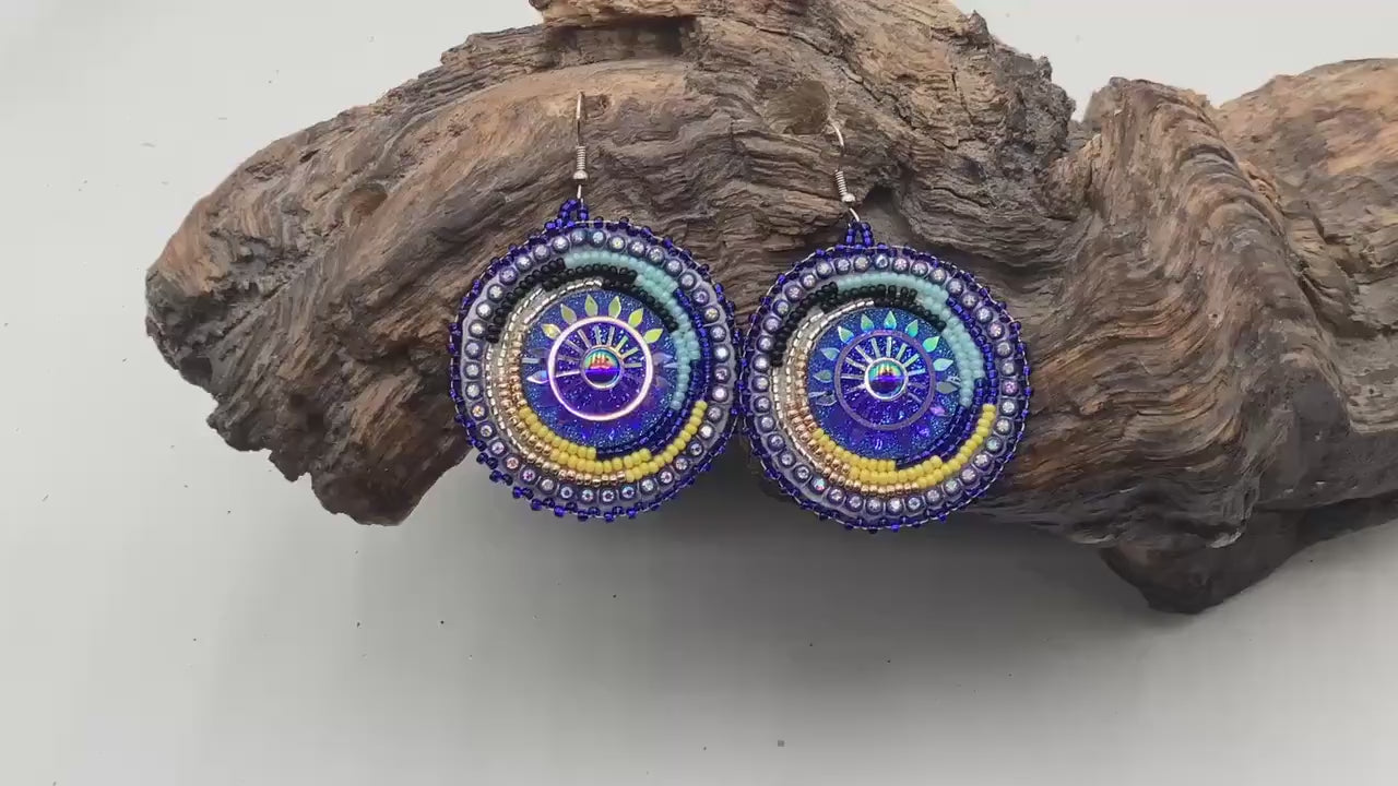 Shimmering Blue Hand Beaded Earrings- Anishinaabe/ Ojibwe Made