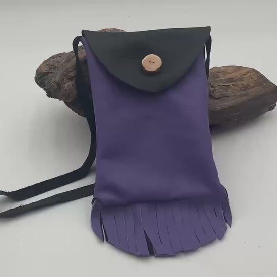 Hand Made Purple & Black Leather Bag - Authentic Anishinaabe/Ojibwe Made - Free Shipping