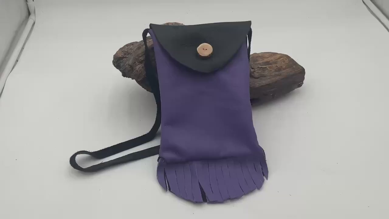 Hand Made Purple & Black Leather Bag - Authentic Anishinaabe/Ojibwe Made - Free Shipping