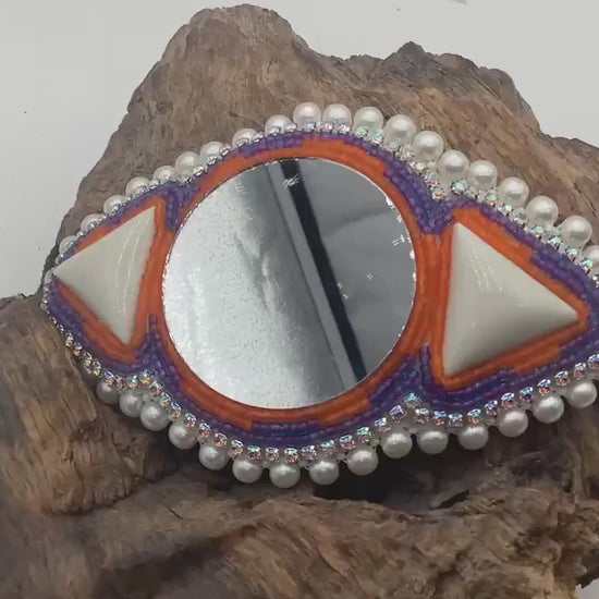 Hand Beaded and Quilled Hair Stick Barrette with Mirror Center - Ojibwe/Anishinaabe Beadwork