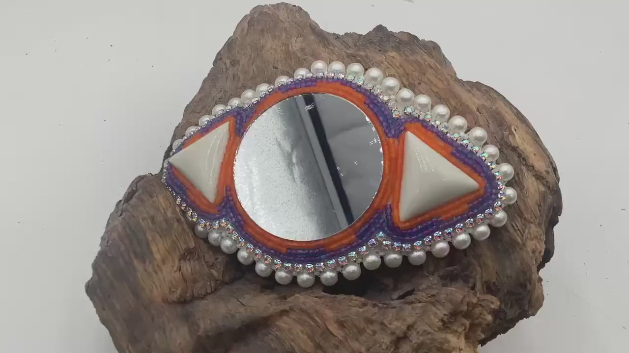 Hand Beaded and Quilled Hair Stick Barrette with Mirror Center - Ojibwe/Anishinaabe Beadwork