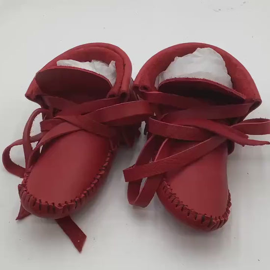 Handmade Red Leather Moccasins – Anishinaabe/Ojibwe Artisan, Size: Large