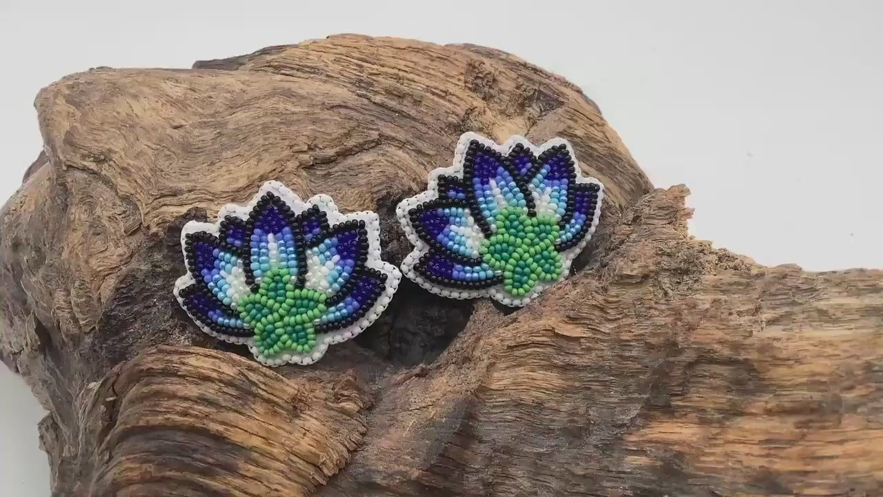 Hand Beaded Moonlite Lotus Flower Earrings: Anishinaabe/Ojibwe Design