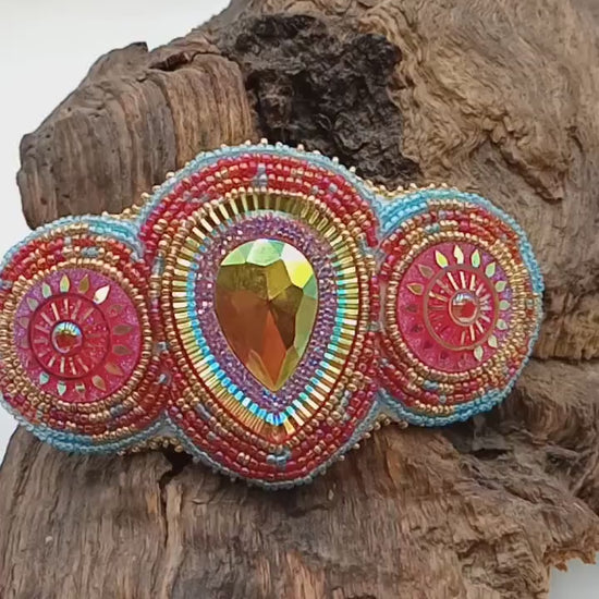 Ojibwe Beaded Hair Barrette: Handcrafted Leather & Metal Clip