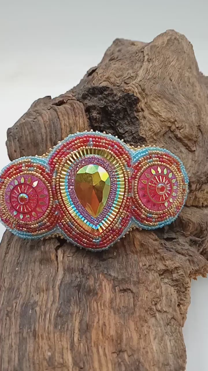 Ojibwe Beaded Hair Barrette: Handcrafted Leather & Metal Clip