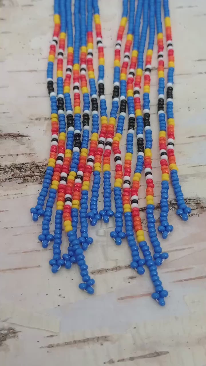 Handcrafted Blue Beaded Fringe Earrings – Anishinaabe Made