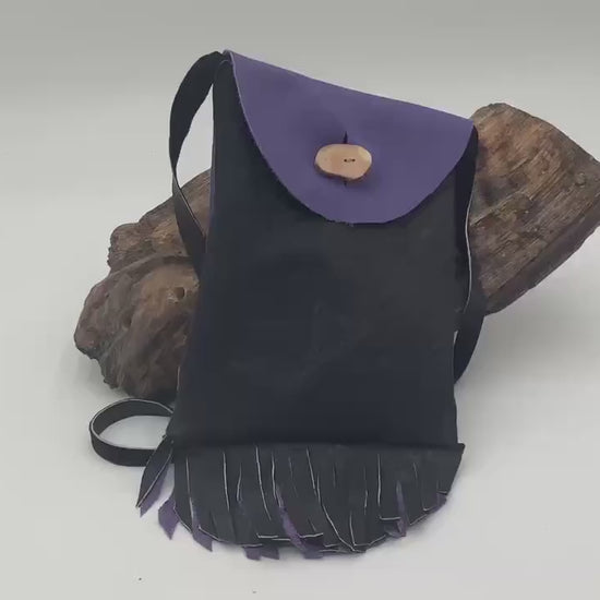 Hand Made Purple & Black Leather Bag - Authentic Anishinaabe/Ojibwe Made - Free Shipping