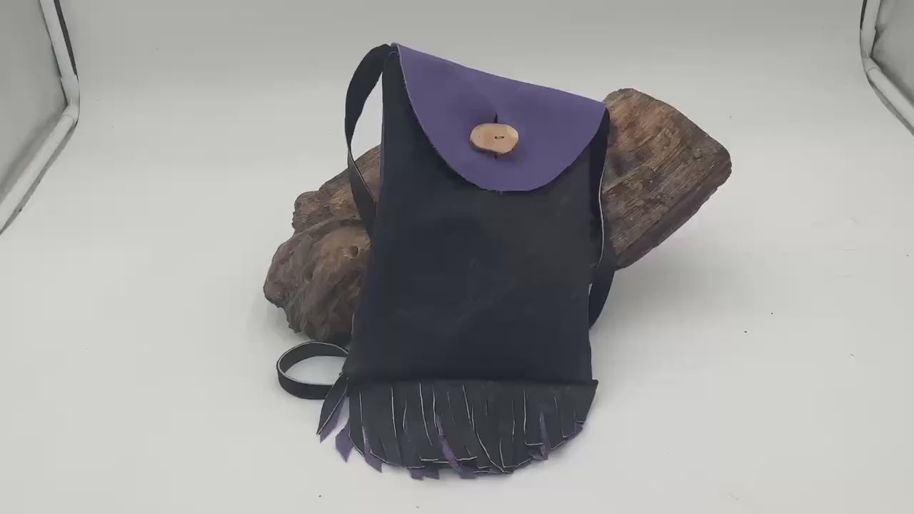 Hand Made Purple & Black Leather Bag - Authentic Anishinaabe/Ojibwe Made - Free Shipping
