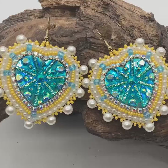 Shimmering Hand Beaded Heart Earrings- Anishinaabe/ Ojibwe Made