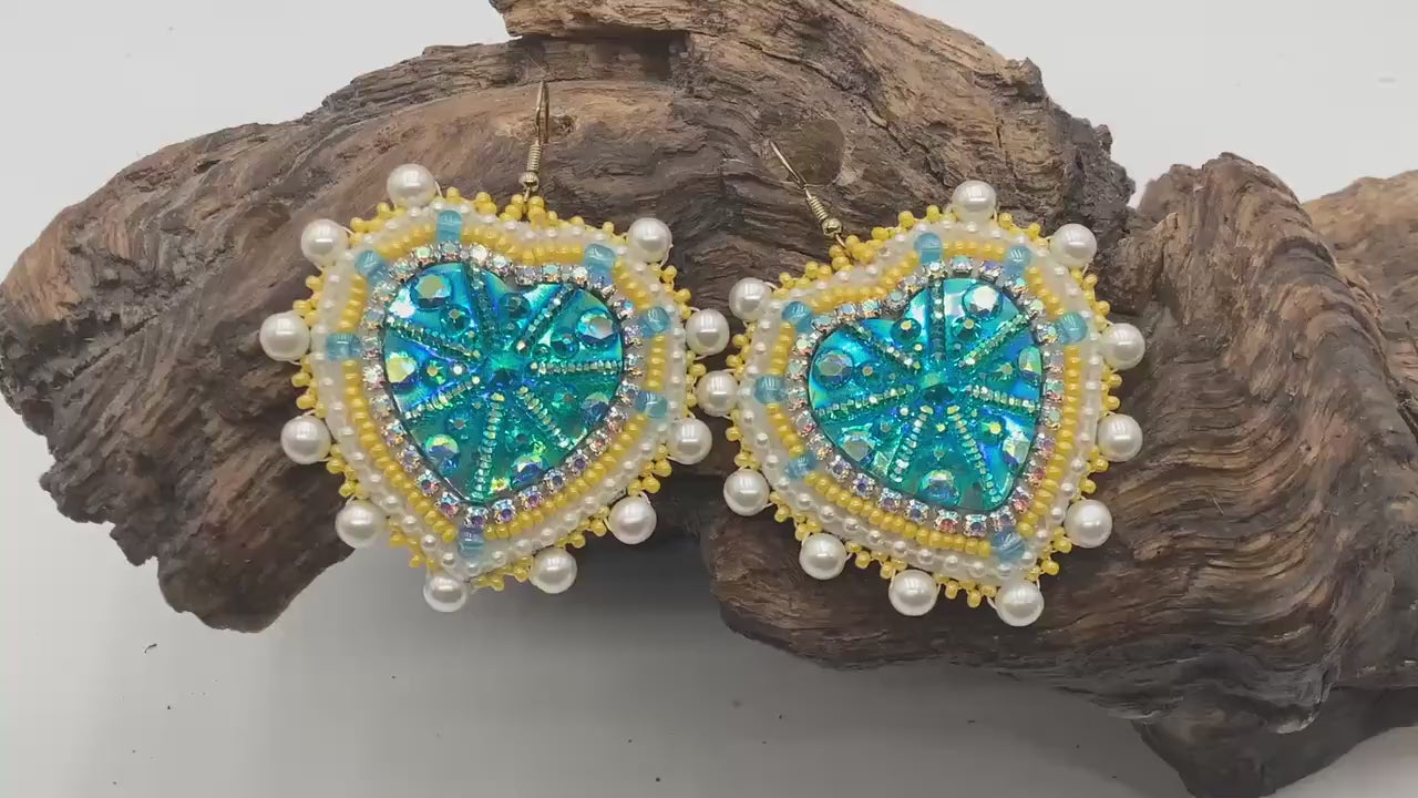 Shimmering Hand Beaded Heart Earrings- Anishinaabe/ Ojibwe Made