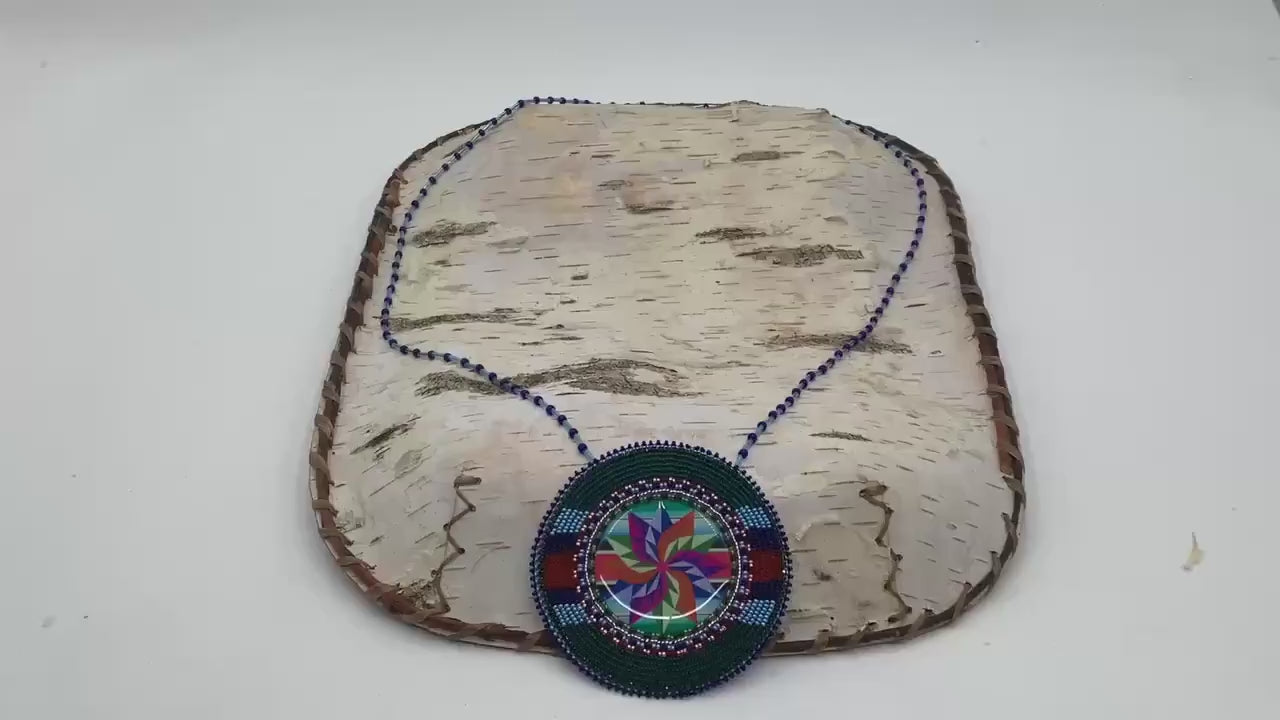 Colorful Pinwheel Star Hand Beaded Necklace: Anishinaabe Artisan Jewelry