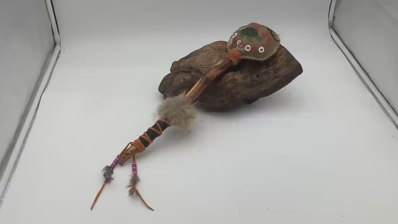 Hand Painted Rawhide Dance Rattle -Ojibwe/Anishinaabe made - Free Shipping