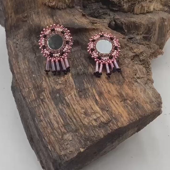 Small Hand-Beaded Reflective Mirror Earrings - Ojibwe/Anishinaabe Made