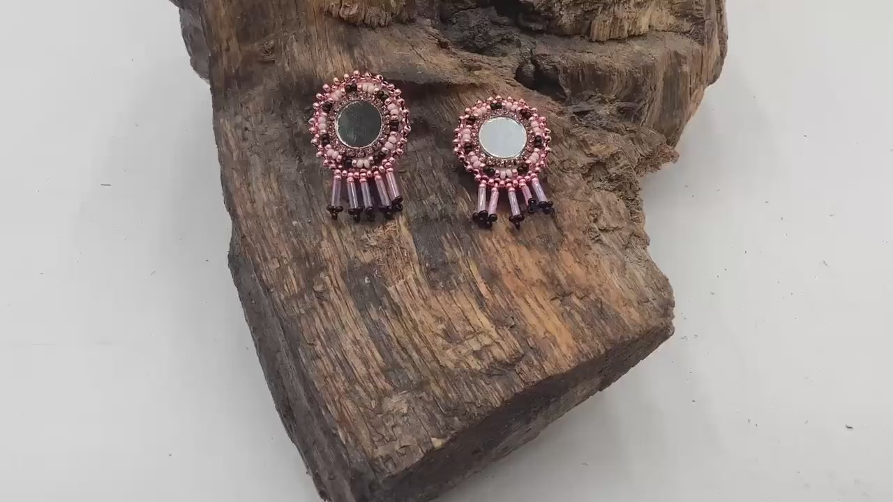 Small Hand-Beaded Reflective Mirror Earrings - Ojibwe/Anishinaabe Made