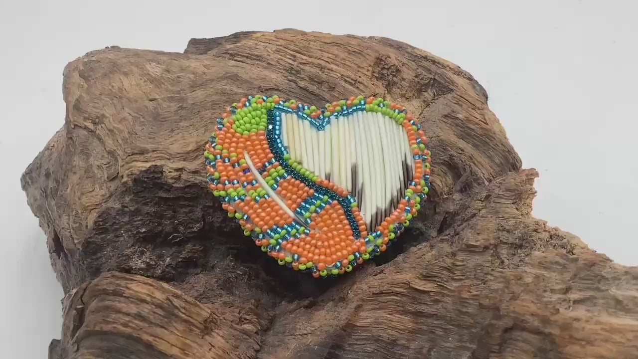 Hand Beaded and Quilled Heart Barrette – Ojibwe Anishinaabe Artisan Design
