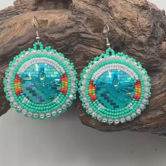 Hand Beaded Shimmering Hummingbird Earrings- Anishinaabe/ Ojibwe Made