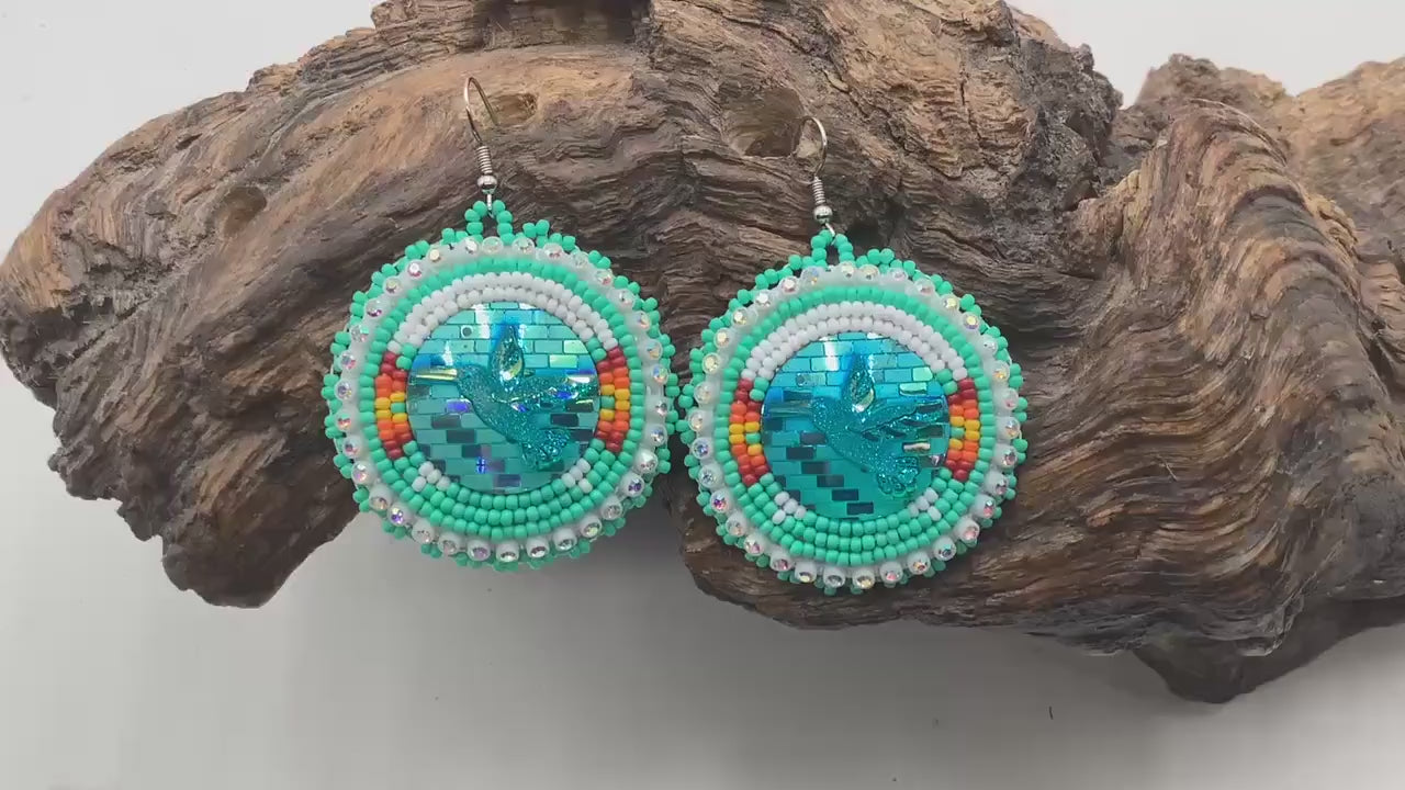 Hand Beaded Shimmering Hummingbird Earrings- Anishinaabe/ Ojibwe Made