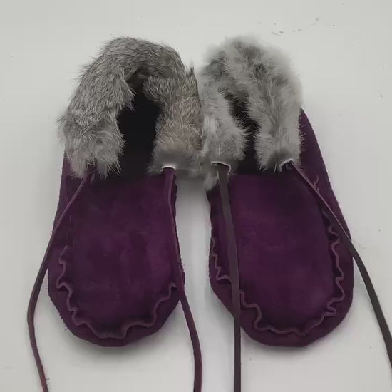 Handmade Purple Leather Fur Fringe Moccasins – Anishinaabe/Ojibwe Artisan
