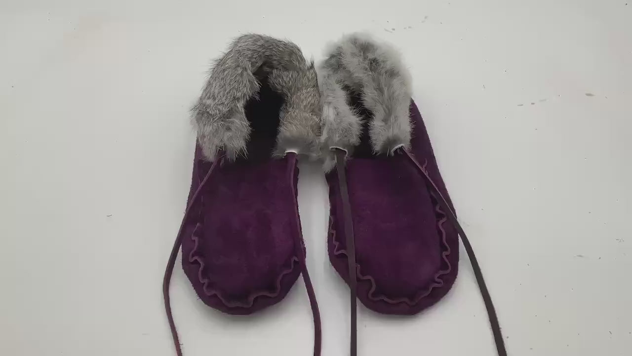 Handmade Purple Leather Fur Fringe Moccasins – Anishinaabe/Ojibwe Artisan