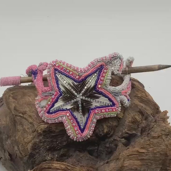 Hand Beaded and Quilled Star Hair Stick Barrette - Ojibwe/Anishinaabe Beadwork