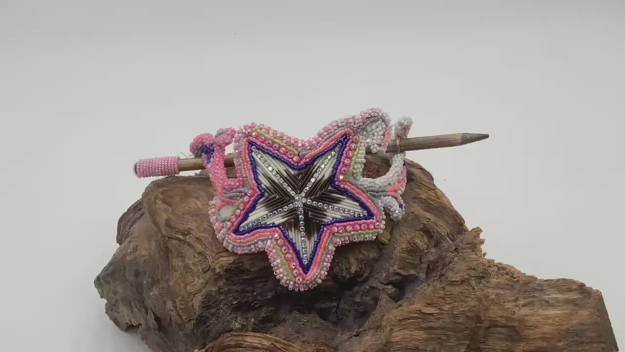 Hand Beaded and Quilled Star Hair Stick Barrette - Ojibwe/Anishinaabe Beadwork