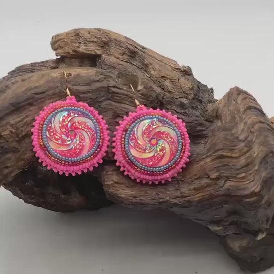 Hand Beaded Earrings: Anishinaabe/Ojibwe Beadwork, Resin Spiral