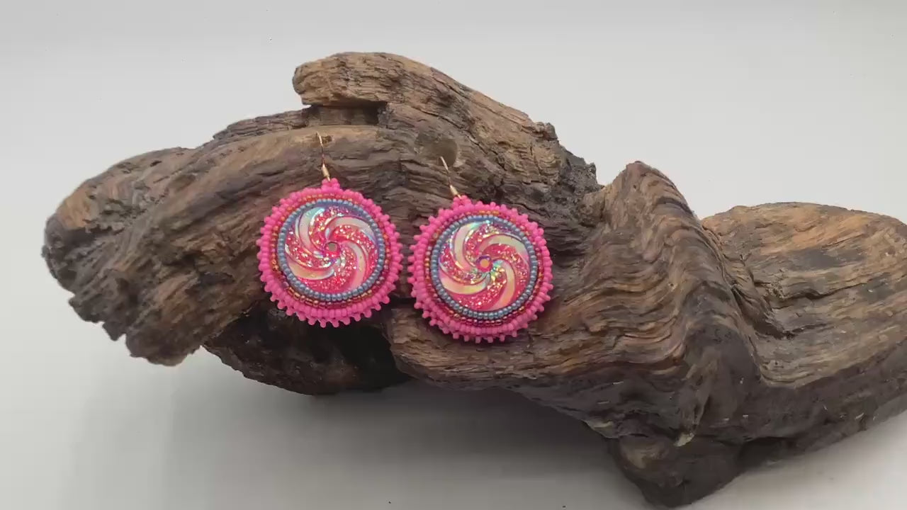 Hand Beaded Earrings: Anishinaabe/Ojibwe Beadwork, Resin Spiral