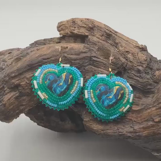 Hand Beaded Heart Earrings - Ojibwe Anishinaabe Design